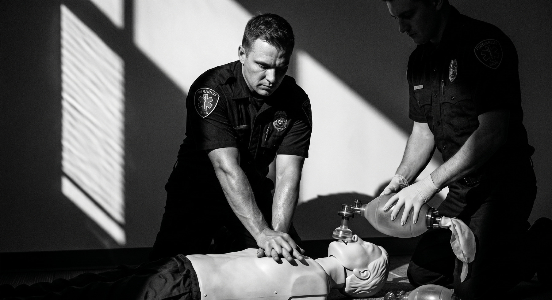 Paramedic team performing high-fidelity resuscitation training