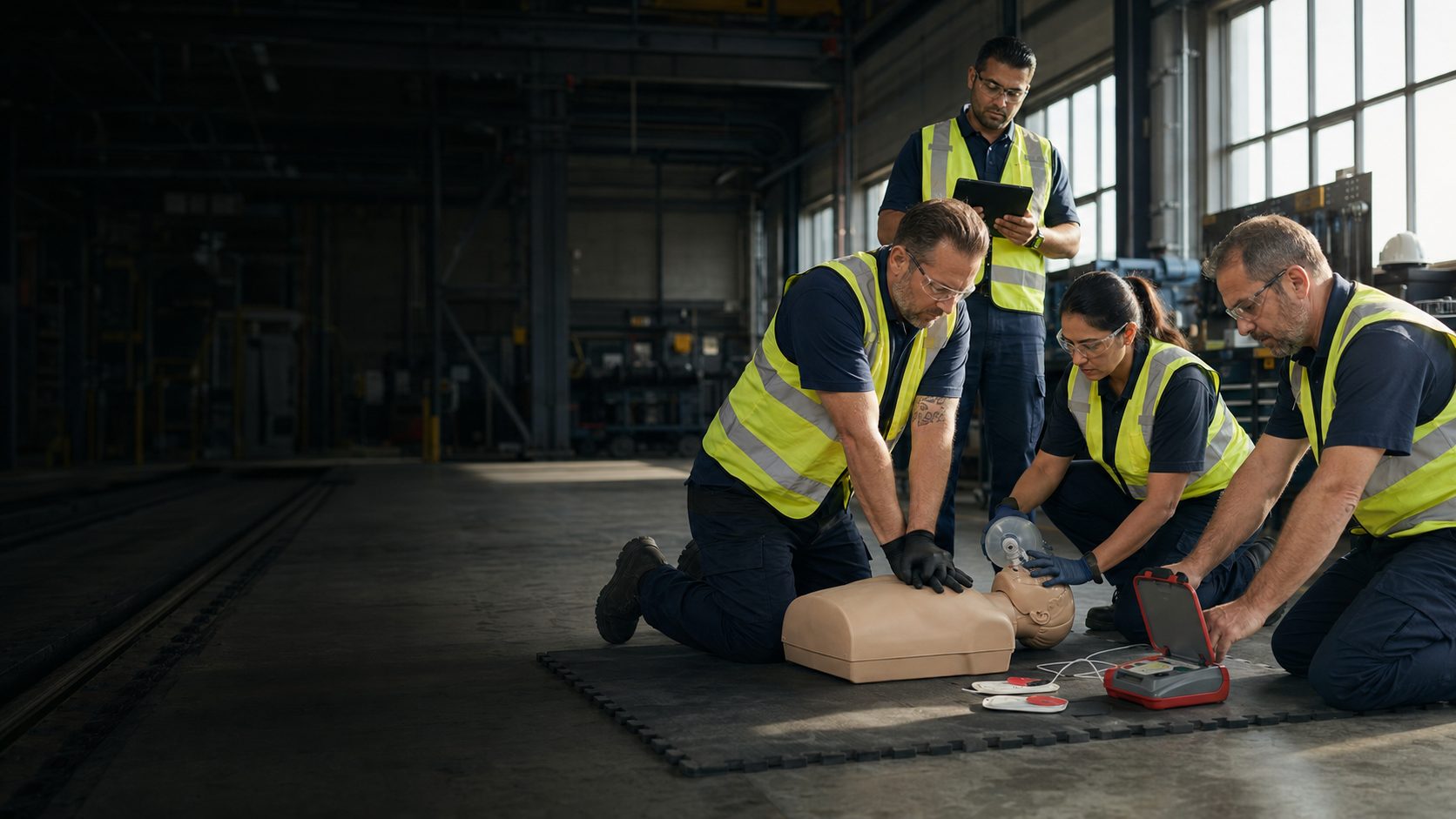 Industrial emergency response team practising CPR, ventilation, and AED coordination on a training manikin.